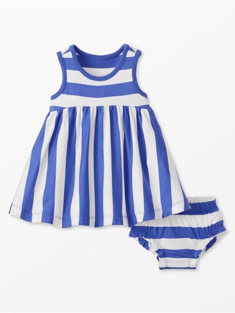 Hanna Andersson Blue and White Striped Baby Dress with Bloomers 6-12 mos
